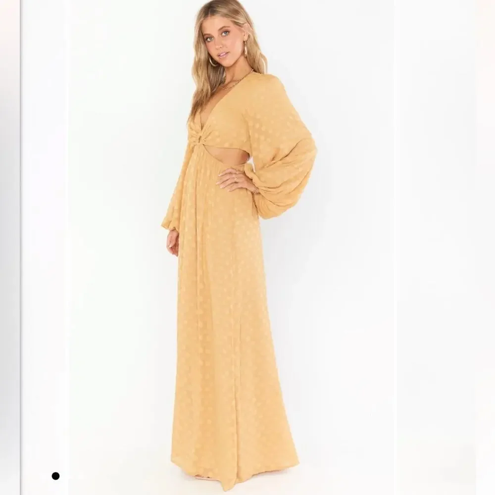 SHOW ME YOUR MUMU Go Out Cut Out Maxi Dress Gold Dot Long Sleeves Boho Medium - Picture 14 of 14